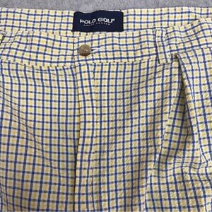 Polo Golf Butter Yellow Check Seersucker Mens Shorts Sz 36 Pleats Preppy Vintage